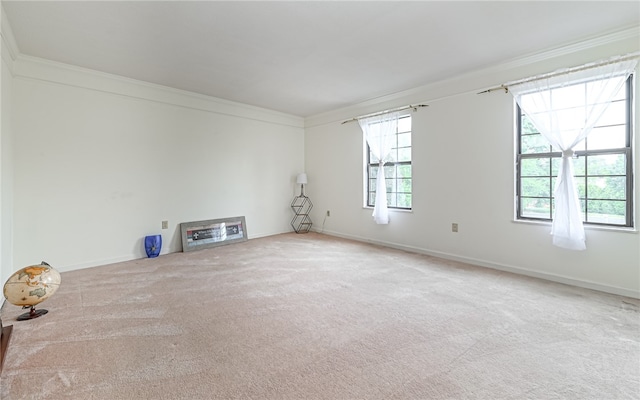 unfurnished living room with crown molding and carpet flooring