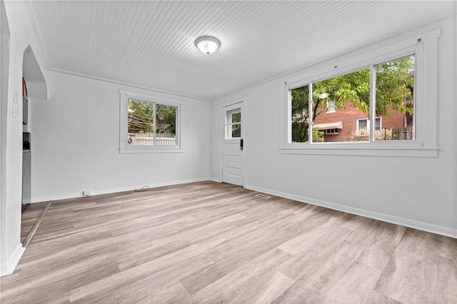 spare room featuring a wealth of natural light and light wood-type flooring