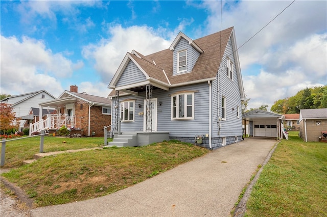 view of front of house featuring an outbuilding, a porch, a garage, and a front yard