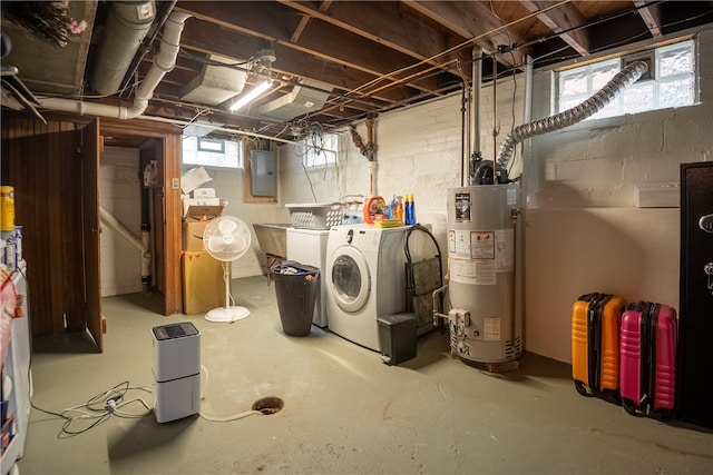 basement with gas water heater, electric panel, and washing machine and dryer