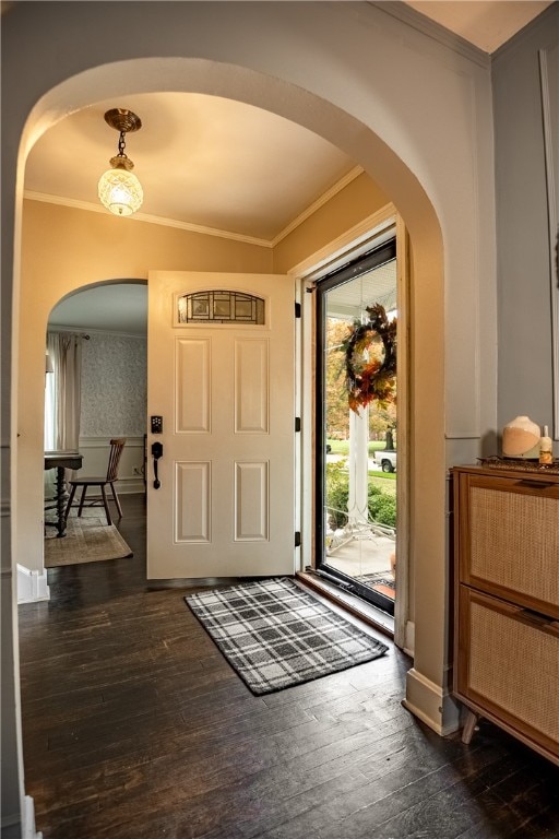 foyer entrance featuring ornamental molding and dark hardwood / wood-style flooring