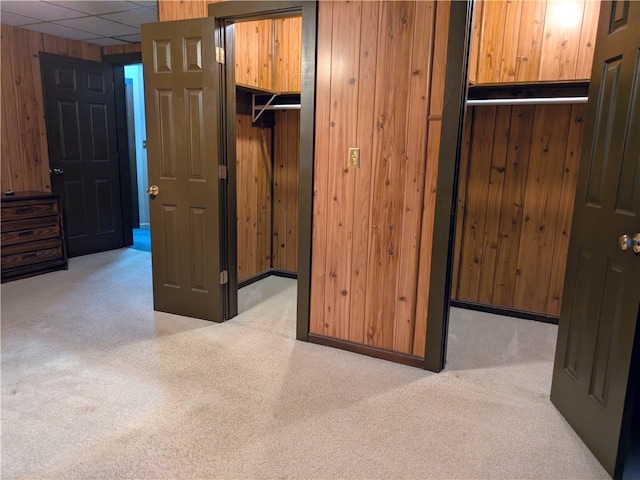 interior space with a spacious closet, wooden walls, a closet, and a paneled ceiling