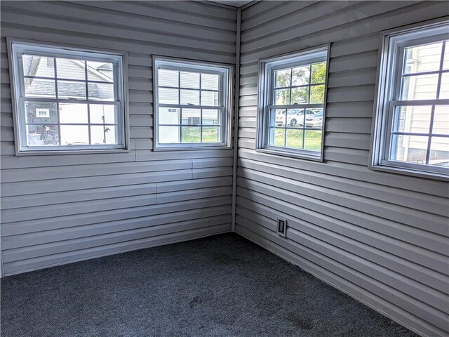 unfurnished room featuring carpet and wood walls