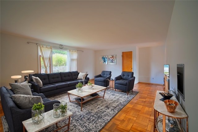 living room featuring light parquet flooring