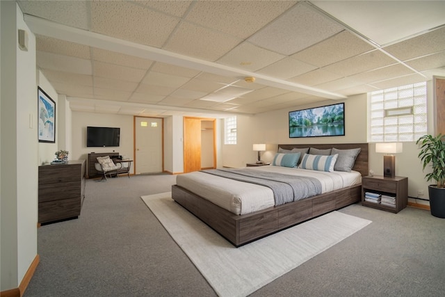 bedroom featuring carpet flooring, multiple windows, and a drop ceiling