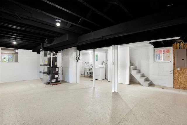 145 Harris Ave, Banksville/Westwood, PA 15205 - basement featuring electric panel, washer / dryer, stairs, and heating unit