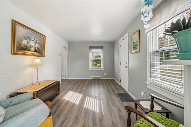 entryway with wood-type flooring and ceiling fan