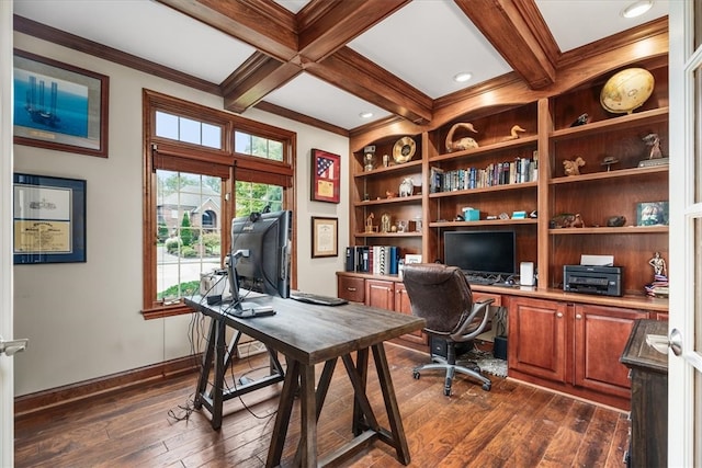 office space featuring crown molding, beam ceiling, coffered ceiling, and dark wood-type flooring