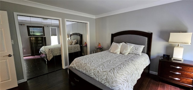 bedroom featuring ornamental molding and dark hardwood / wood-style floors