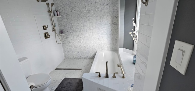 bathroom with shower with separate bathtub, toilet, and tile patterned floors