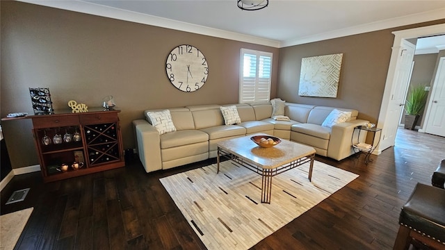 living room featuring ornamental molding and dark wood-type flooring