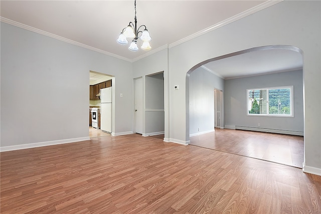 unfurnished room featuring light wood-type flooring, crown molding, a chandelier, and a baseboard radiator