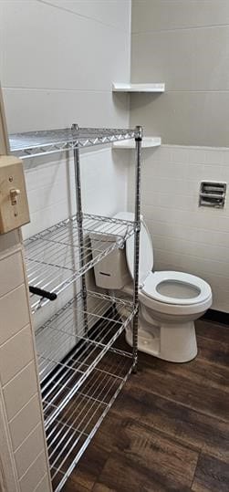 interior space featuring wood-type flooring, toilet, and tile walls