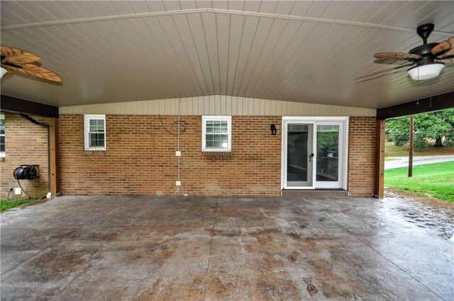 view of patio / terrace featuring ceiling fan and french doors