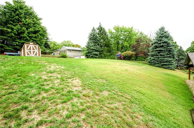 view of yard featuring a storage unit