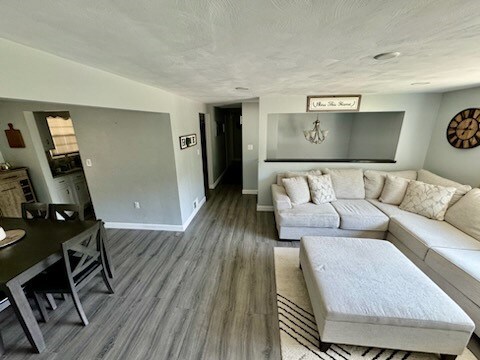 living room with a textured ceiling and hardwood / wood-style floors