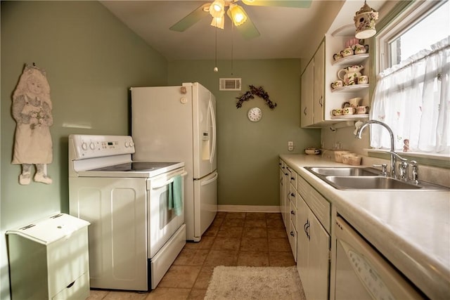 1820 N Hermitage Rd, Hermitage, PA 16148 - kitchen with light countertops, visible vents, a sink, white appliances, and ceiling fan