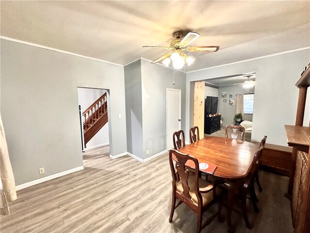 dining room featuring ceiling fan, light hardwood / wood-style flooring, and crown molding