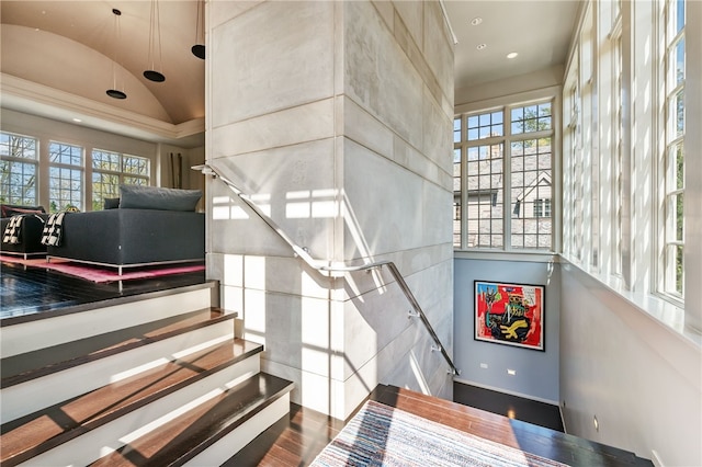 stairway with hardwood / wood-style floors, high vaulted ceiling, and a healthy amount of sunlight