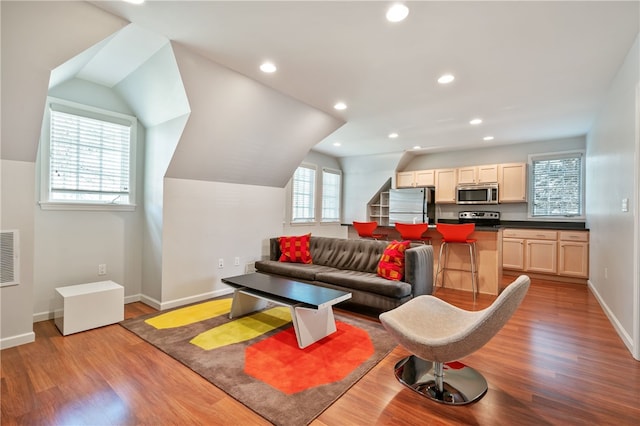 living room with vaulted ceiling, light hardwood / wood-style floors, and a wealth of natural light