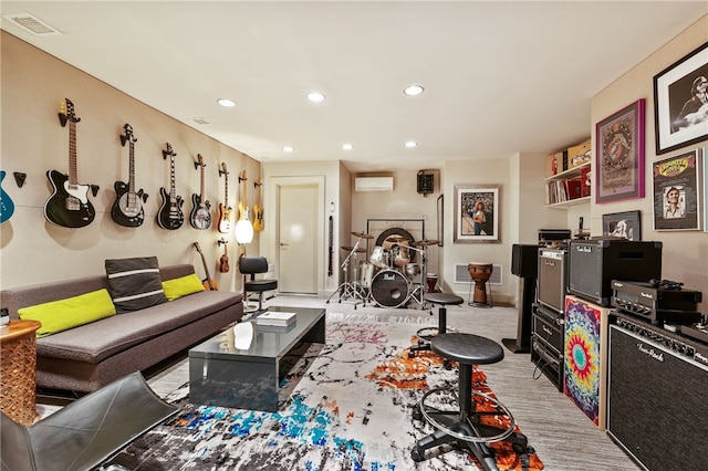 carpeted living room with a wall unit AC