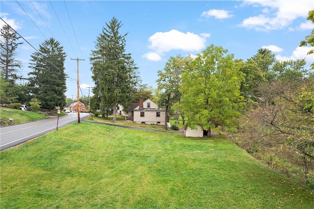 view of yard with a storage shed