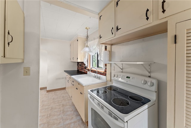 kitchen with hanging light fixtures, white electric range, sink, and ornamental molding