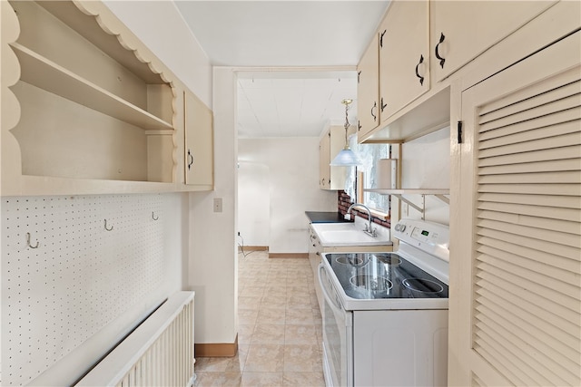 kitchen with tasteful backsplash, light tile patterned floors, white electric stove, radiator, and sink