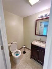 bathroom with tile patterned flooring, vanity, and toilet