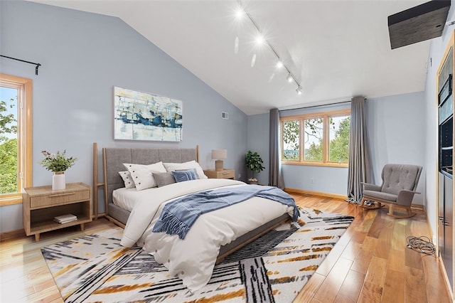 bedroom with light hardwood / wood-style flooring, track lighting, and multiple windows