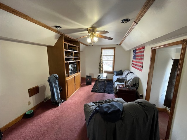 living room featuring lofted ceiling, ceiling fan, and carpet floors