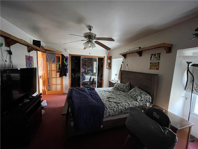 bedroom featuring a closet, ceiling fan, and carpet flooring