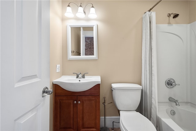 full bathroom featuring vanity, shower / bath combo, and toilet