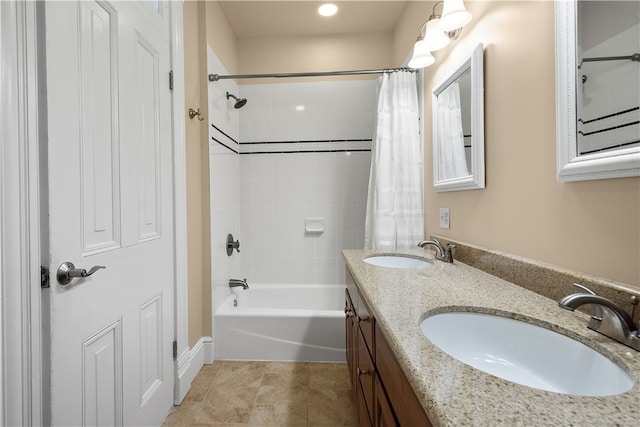 bathroom with tile patterned floors, shower / tub combo with curtain, and vanity