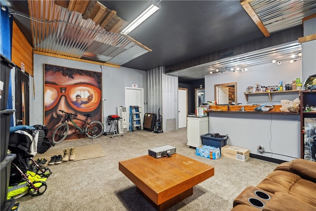 living room featuring light carpet