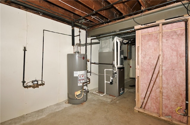 utility room featuring heating unit and water heater