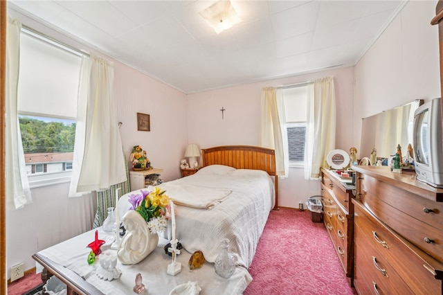 carpeted bedroom with crown molding