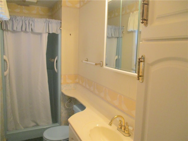 bathroom featuring curtained shower, vanity, and toilet