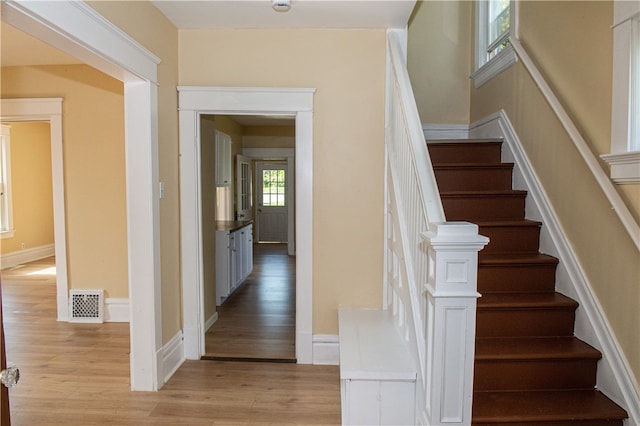 staircase featuring wood-type flooring and a wealth of natural light