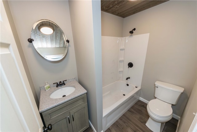 full bathroom with vanity, shower / bathtub combination, hardwood / wood-style flooring, wooden ceiling, and toilet