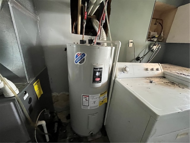 utility room with heating unit, washer / clothes dryer, and electric water heater