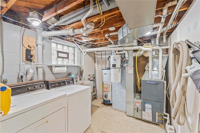 laundry room with washer and clothes dryer, water heater, and sink