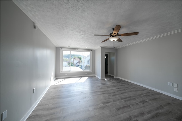 empty room featuring a textured ceiling, crown molding, ceiling fan, and dark hardwood / wood-style flooring