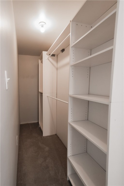 spacious closet featuring dark carpet