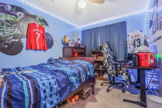 carpeted bedroom with ceiling fan