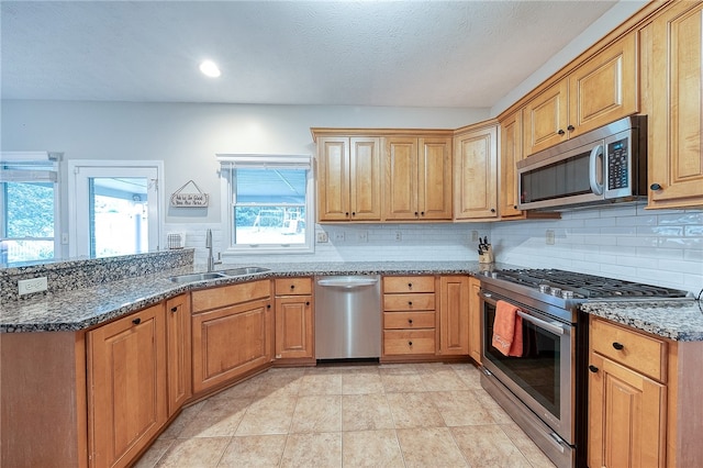 kitchen with decorative backsplash, dark stone countertops, appliances with stainless steel finishes, and sink