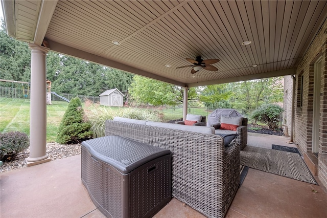 view of patio / terrace featuring a storage unit, ceiling fan, and outdoor lounge area