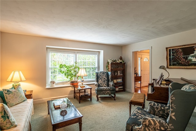 carpeted living room featuring a textured ceiling