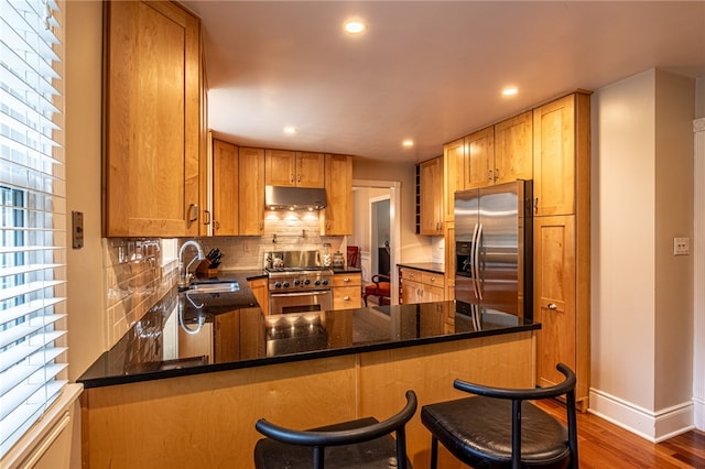 kitchen featuring kitchen peninsula, sink, dark wood-type flooring, and stainless steel appliances