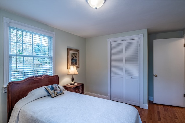 bedroom with dark hardwood / wood-style flooring and a closet